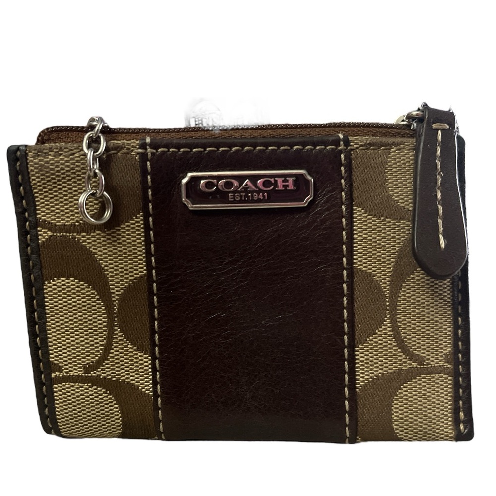 Coach Wristlet Signature Stripe Khaki Tan Signature Change Purse Brown Leather